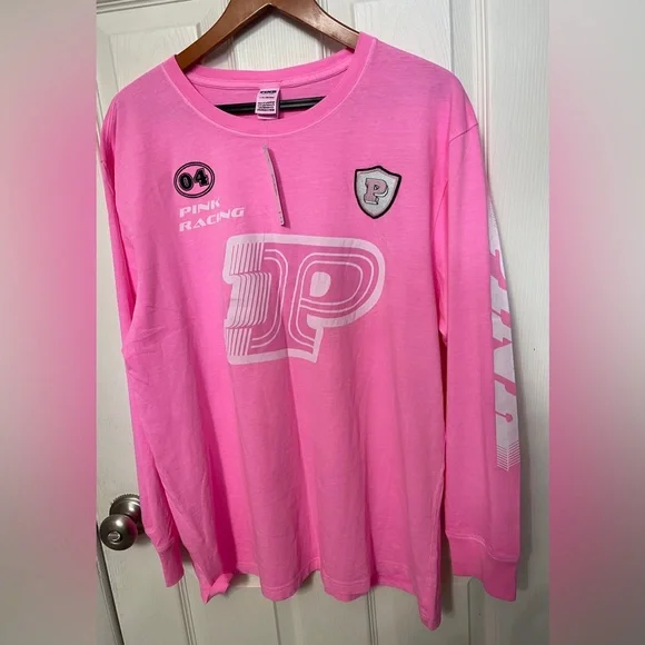 Victoria's Secret Pink Cotton Long Sleeve Crew Neck Racing 100% Cotton Sz L NWT - Picture 2 of 10